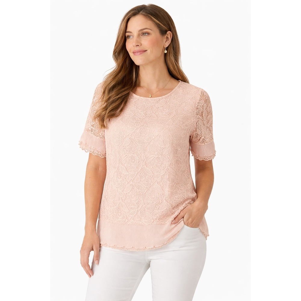 Liz Claiborne Career Lace Blouse Blush Pink Short Sleeve Pleated Trim Top S‎